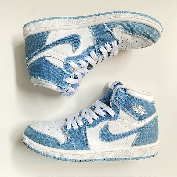 NIKE youth blue denim white leather Air Jordan 1 Retro OG high top sneakers - Picture 3 of 10
